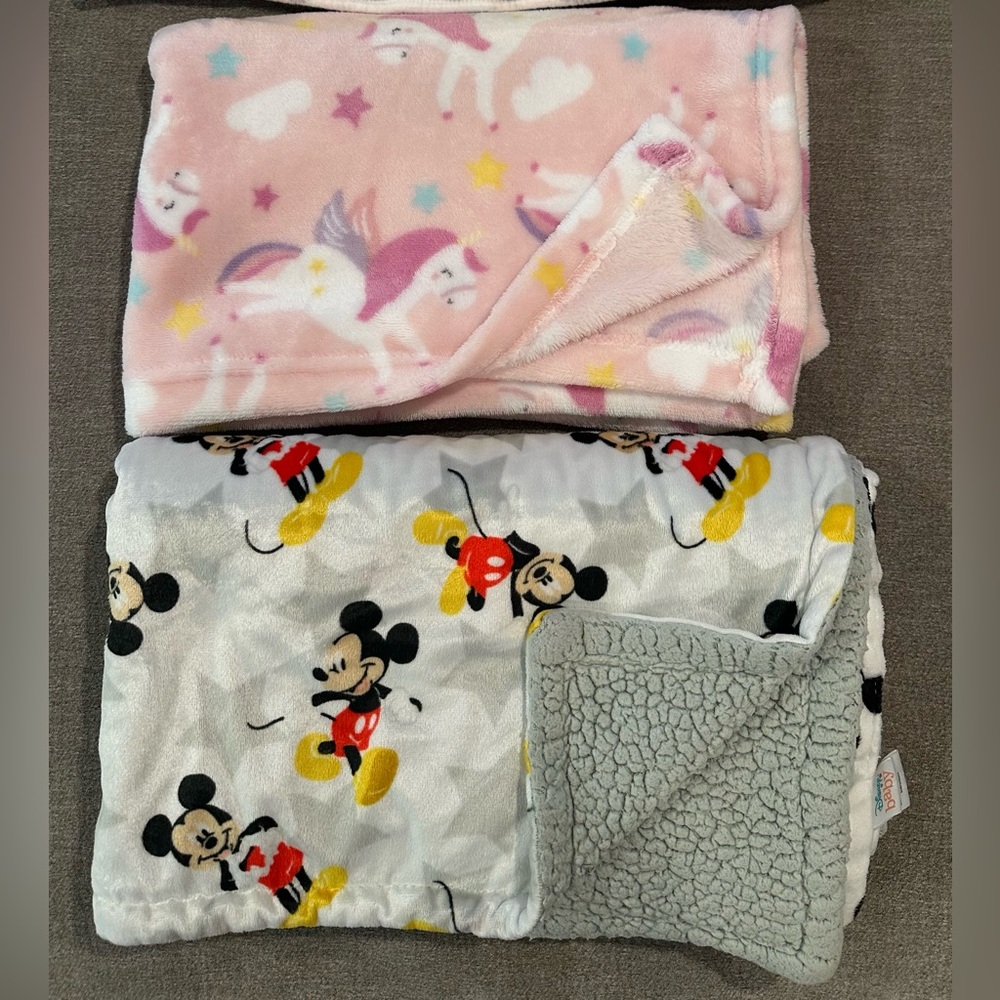 Pink Unicorn and Gray Mickey Mouse Baby Blankets